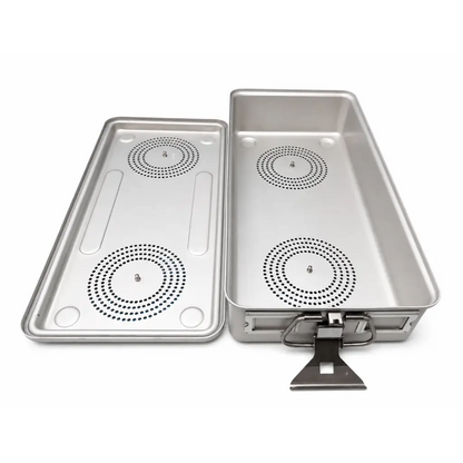 Silver stainless steel karl storz endoscope sterilization case with two perforated compartments and hinged latch mechanism