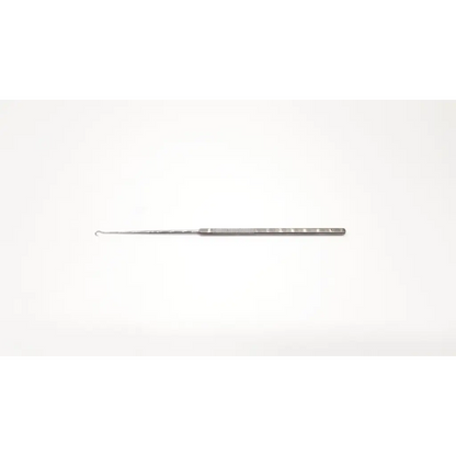 Silver metal ear cleaning hook with textured grip handle and curved tip in karl storz n4714 converse skin model