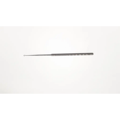 Silver-colored metal karl storz n4714 converse skin hook ear cleaning tool with textured grip and curved hook end