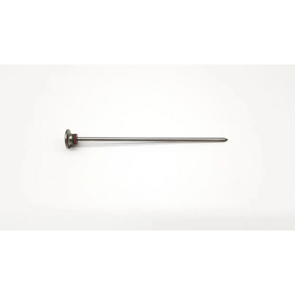 A sleek metallic karl storz trocar with a red orange pyramidal tip mdl 30117 for precise surgical use