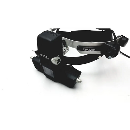 Black keeler vantage plus binocular indirect ophthalmoscope with adjustable arms and ergonomic head-mounted design
