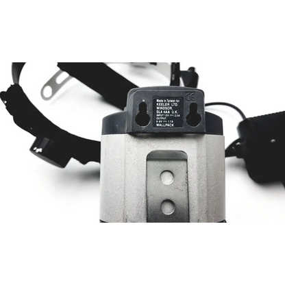Silver and black industrial wallpack power supply unit with labeled specs for keeler vantage plus binocular indirect ophthalmoscope