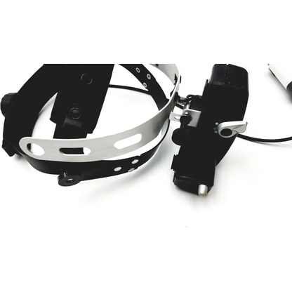 Black and silver keeler vantage plus binocular indirect ophthalmoscope with head-mounted surgical lamp and adjustable arm