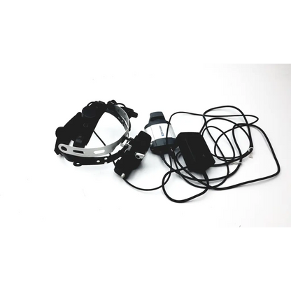 Keeler vantage plus black and silver dental headlamp with adjustable headband and coiled cords for plus binocular indirect use