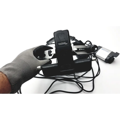Black and silver keeler vantage plus led bio ophthalmoscope headlamp with adjustable straps and clip on mount