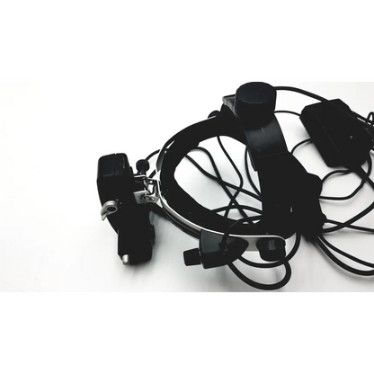 Black keeler vantage plus led bio head-mounted surgical microscope with adjustable arms and coiled cable for ophthalmoscopy