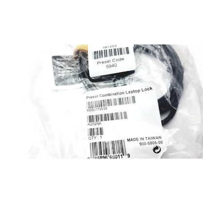 Black preset combination laptop lock a2021a by Kensington in clear plastic packaging with product labels visible
