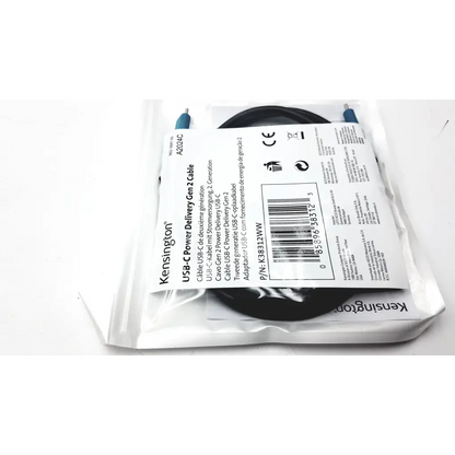 Kensington usb-c power delivery gen 2 cable with black jacket and blue connectors for fast power delivery