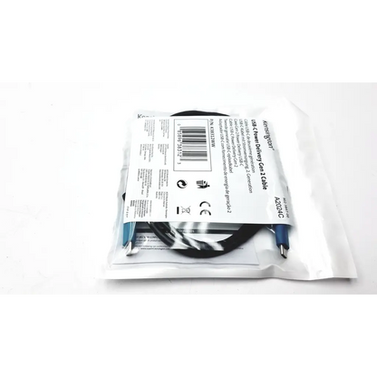 Black usb-c power delivery gen 2 cable with blue connector packaged in clear plastic bag by Kensington