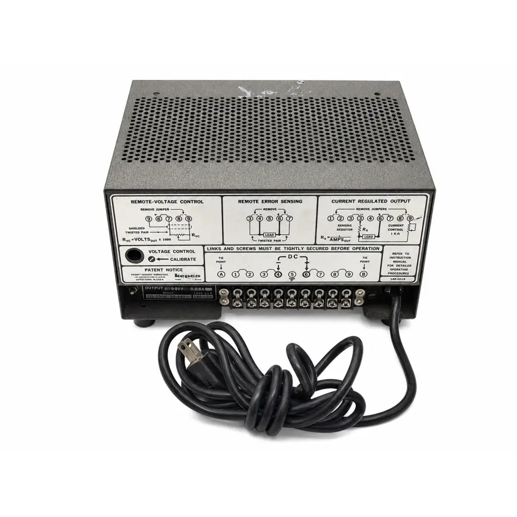 Black metal kepco abc series regulated dc power supply rear panel with perforated vents and labeled control sections