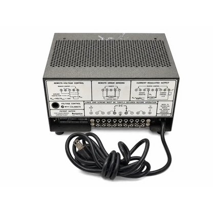 Black metal kepco abc series regulated dc power supply rear panel with perforated vents and labeled control sections
