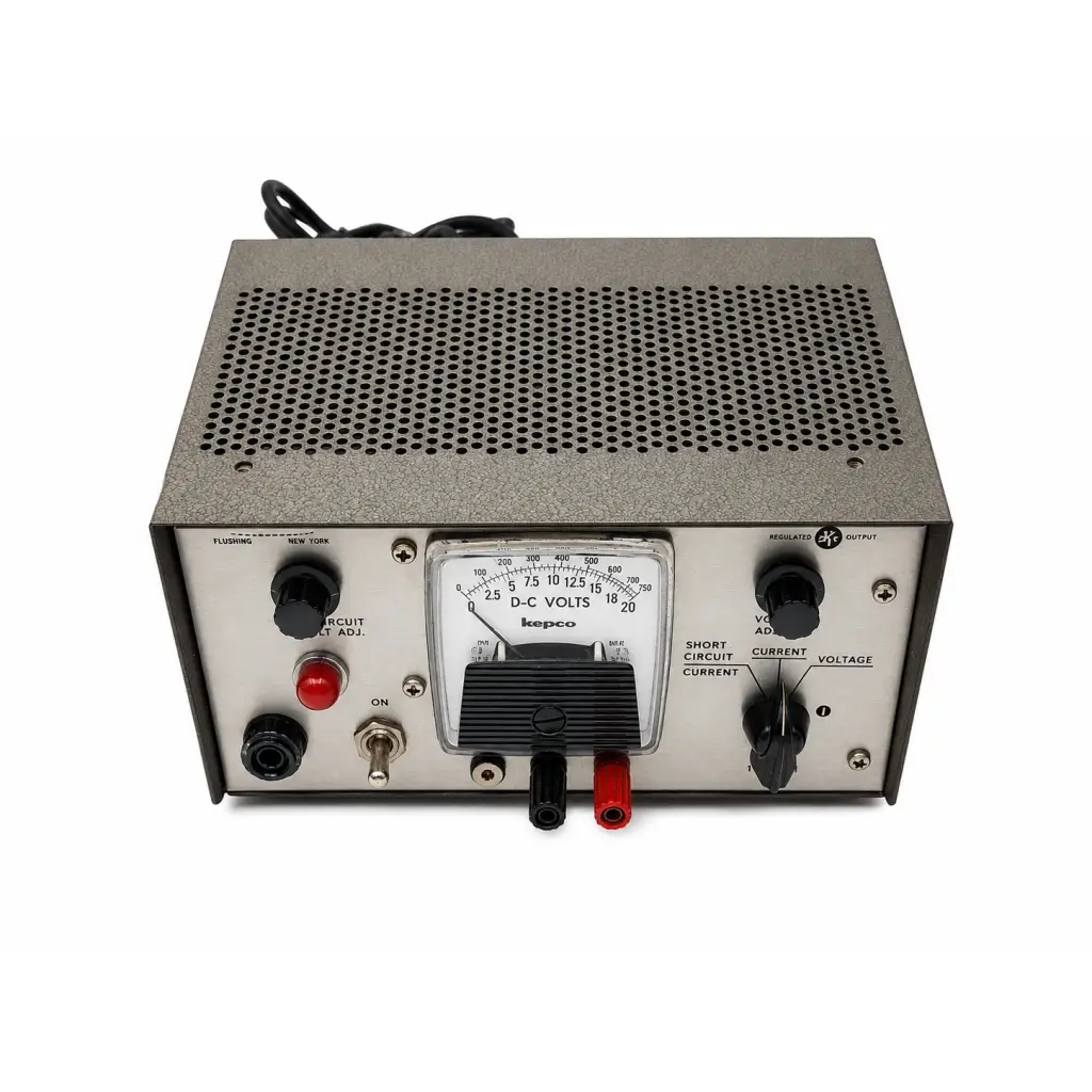 Gray metal kepco abc series regulated dc power supply with black knobs red black terminals and analog dc volts meter