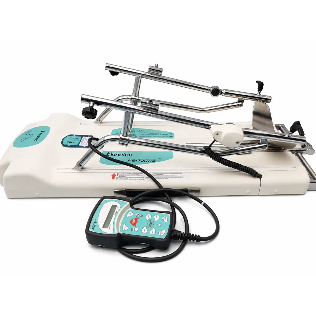 Kinetec Performa cpm machine with chrome frame, white base, teal control panel, and black coiled cable biomed certified
