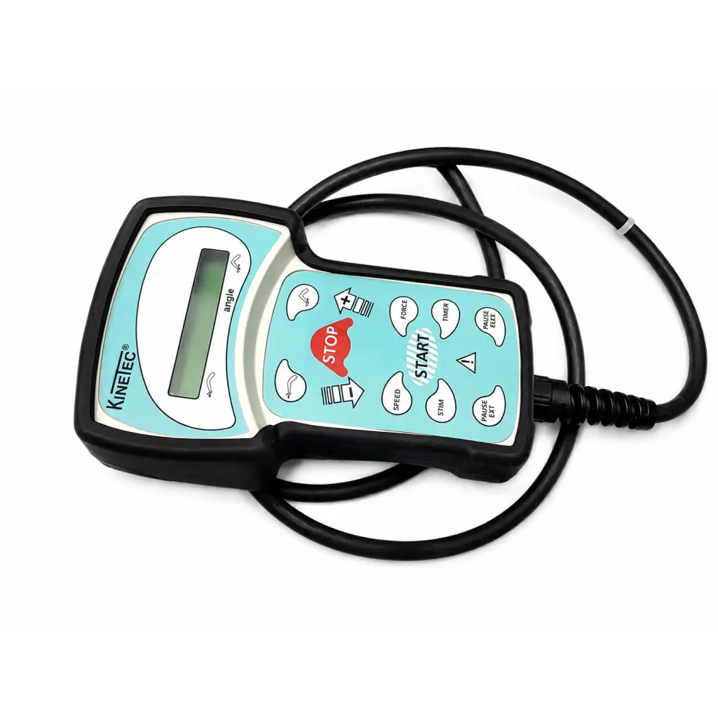 Light blue and black kinetec performa biomed certified cpm machine with digital display and coiled cables