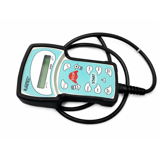 Light blue and black kinetec performa cpm machine with digital display and coiled cables