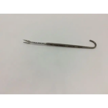 Silver kirwan surgical products 50-1011 bipolar forceps with curved hook and three prongs featuring engraved text