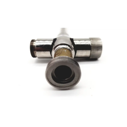 Shiny chrome reusable metal trocar with t-shaped pipe fitting, threaded end, and knurled adjustment knob