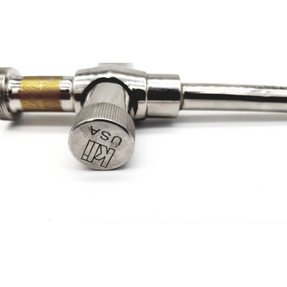 Silver metallic reusable metal trocar gas regulator with brass fittings and knurled usa engraved adjustment knob