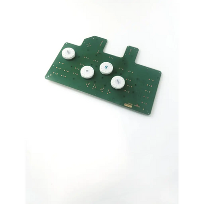 Green kontron medical 42p0110 circuit board with four white circular components featuring printed symbols