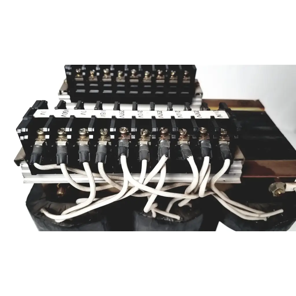 Black electrical terminal block with silver connectors and white wires for kowa sangyo power transformers reuse medical applications