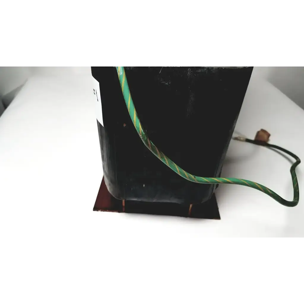 Black rectangular power transformer by kowa sangyo with green and yellow striped wiring for reuse medical power transformers