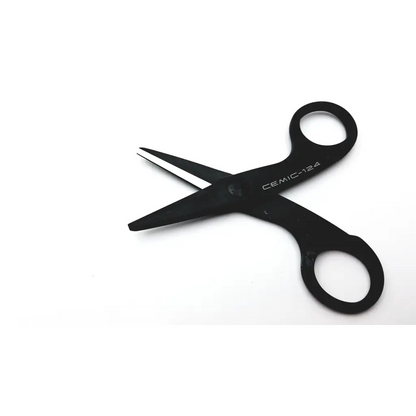 Kyocera ceramic 124 scissors with black blade polypropylene resin and polypropylene resin handle and cemic-124 engraving