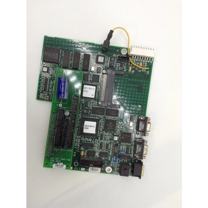 Green printed circuit board with black integrated circuits and yellow cable for la3 logic transition pcba jedt jmoter jprinter
