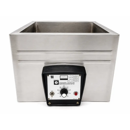 Lab-Line B7005-2 biomed certified stainless steel water bath with black control panel, dial, power switch, and red button
