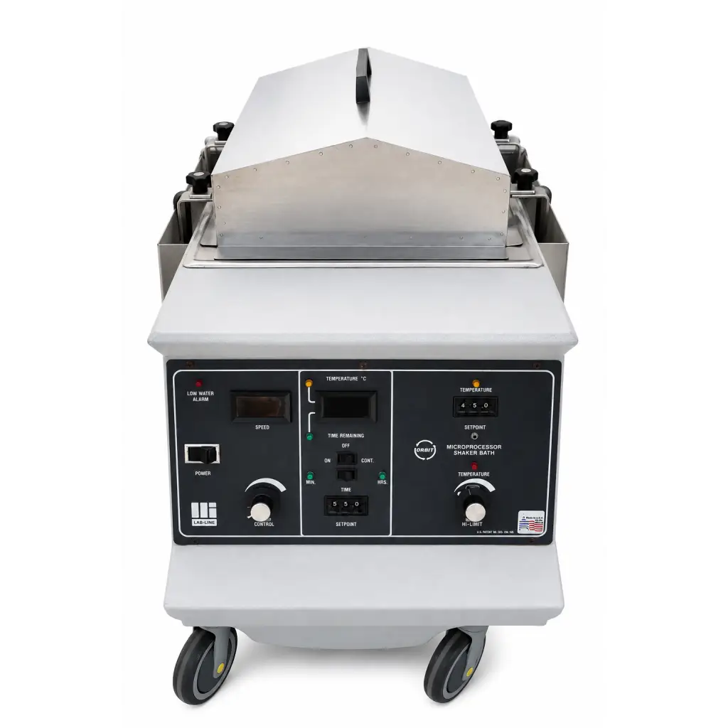 Silver stainless steel Lab-Line Orbit 3545 microprocessor shaker bath with digital control panel for temperature speed time