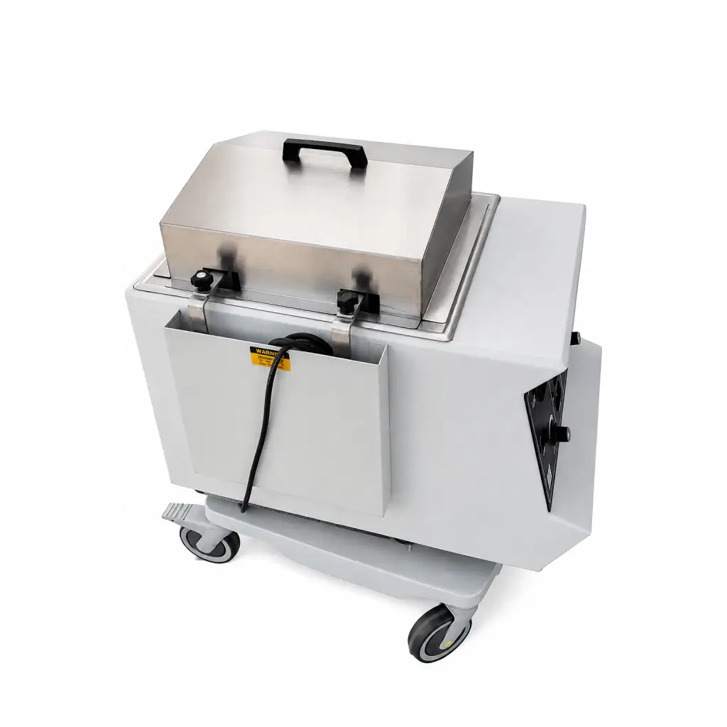 Lab-line orbit 3545 microprocessor shaker bath with white industrial cart, stainless steel lid, black handle, and casters
