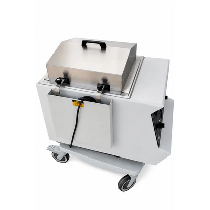 Lab-line orbit 3545 microprocessor shaker bath with white industrial cart, stainless steel lid, black handle, and casters