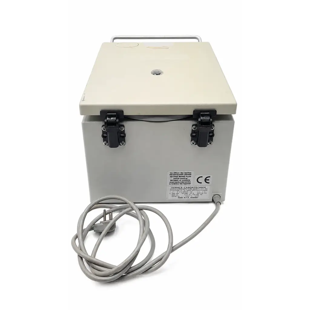 Beige industrial metal labnet hermle tabletop microcentrifuge with black latches and coiled power cord biomed certified