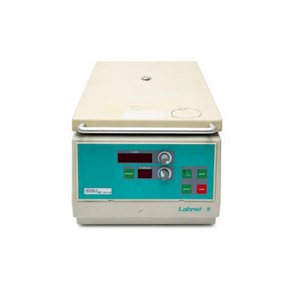 Beige and teal biomed certified labnet hermle tabletop microcentrifuge with digital display and control knobs