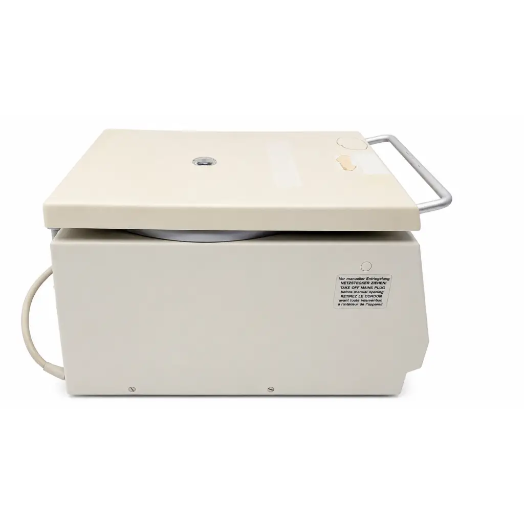 Cream-colored biomed certified Labnet Hermle tabletop microcentrifuge with silver handle and power cord for lab use