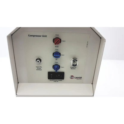 White laerdal dss 110-2 air compressor with red and blue knobs silver fittings and black power switch for af5-65 use