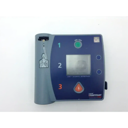 Laerdal Heartstart FR2 blue and gray defibrillator with digital screen, green power button, red shock button, and diagrams