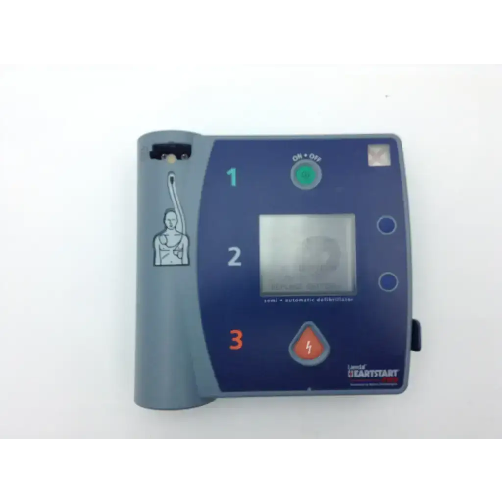 Blue and gray laerdal heartstart fr2 defibrillator with digital screen green power button and instructional diagrams
