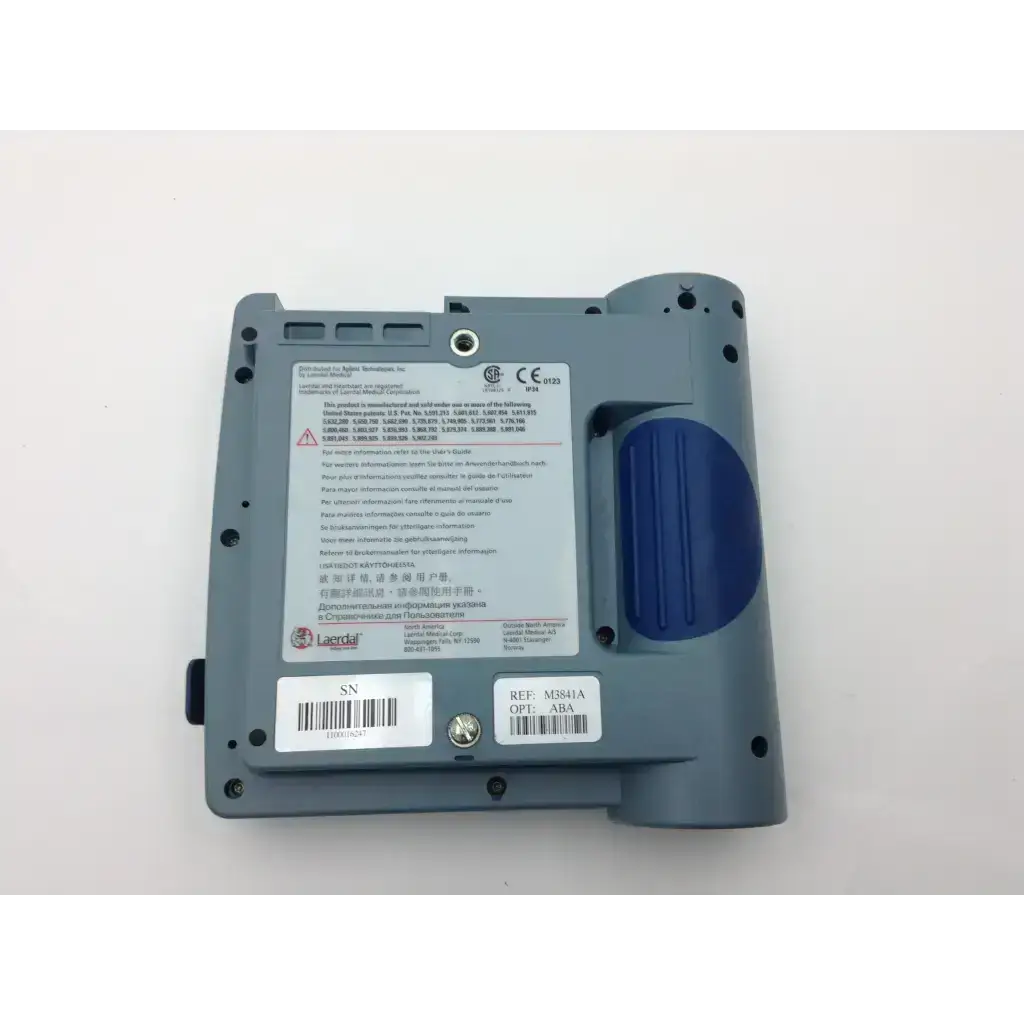 Back of gray laerdal heartstart fr2 handheld device with blue textured grip and learndal label visible
