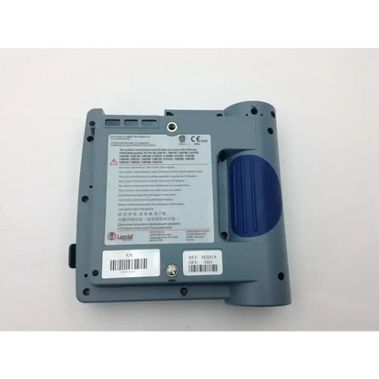 Back of gray laerdal heartstart fr2 handheld device with blue textured grip and learndal label visible
