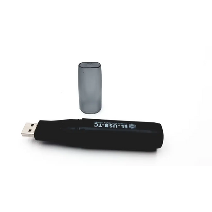 Black usb flash drive with translucent gray cap labeled el-usb-tg from lascar electronics el-usb-tc series