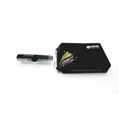 Black usb flash drive with silver metallic cap engraved el-usb-tg in clear packaging beside lascar electronics el-usb-tc box