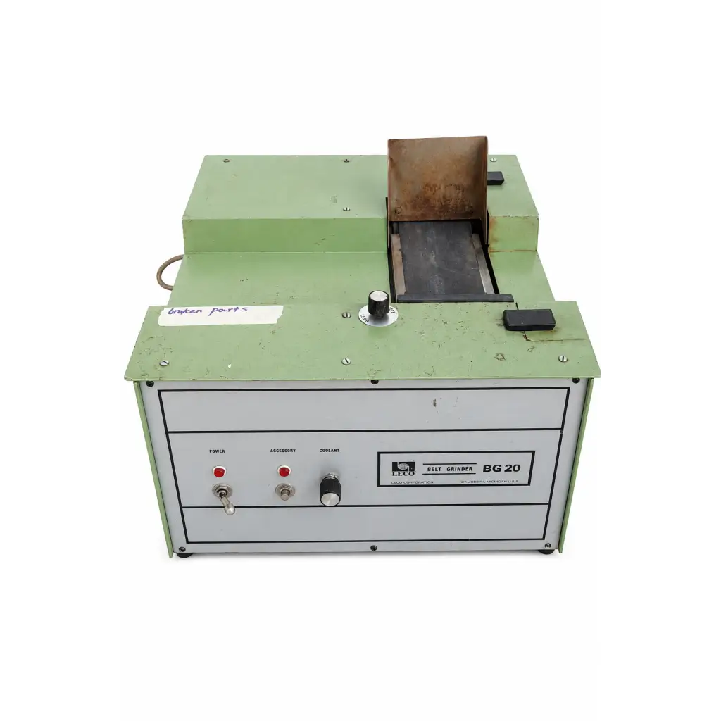 Green and gray leco bg 20 biomed certified belt grinder for precise medical equipment finishing and shaping