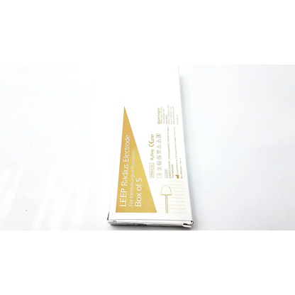 White and gold packaging for a box of 5 leep radius electrodes cooper surgical 1.5cm x 1.5cm 12cm shaft