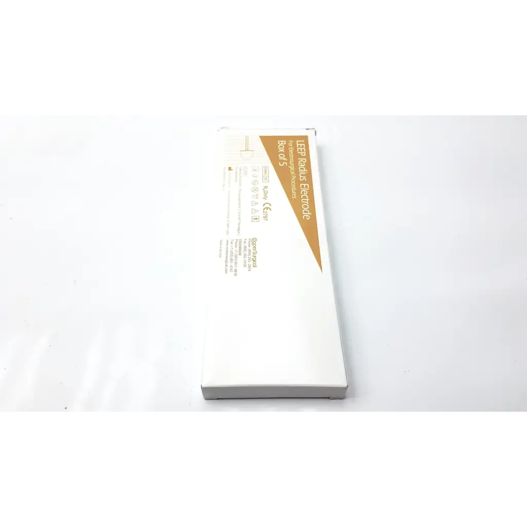 White rectangular box with tan diagonal stripe labeled leep radius electrode bovards for radius electrode cooper surgical product