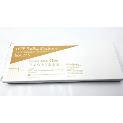 White cardboard box labeled leep radius electrode cooper surgical 1.5cm x 1.5cm with 12cm shaft in gold and black text