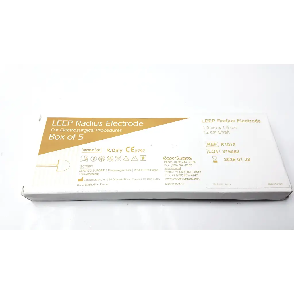 White cardboard box of leep radius electrode cooper surgical sterile gold and black text containing five electrodes
