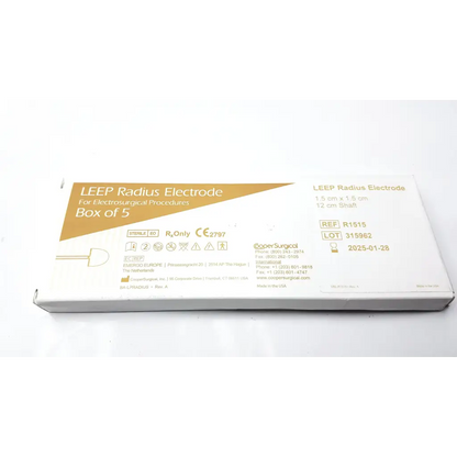 White cardboard box of leep radius electrode cooper surgical sterile gold and black text containing five electrodes