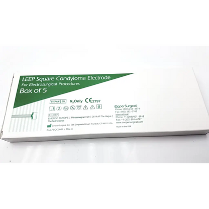 White cardboard box of leep square electrode cooper surgical sterile surgical electrodes 1cm by 1cm with green branding