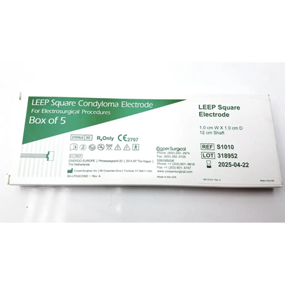 White cardboard box labeled leep square electrode cooper surgical 1.0cm by 1.0cm with 12cm shaft in green and black text
