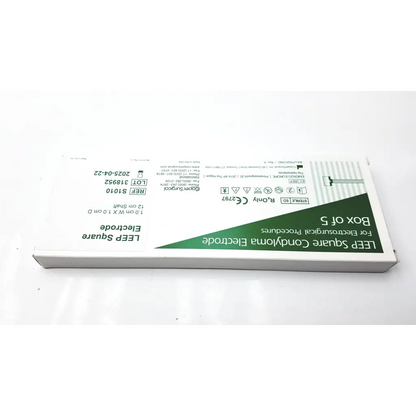 White cardboard box with green stripe labeled leep square electrode cooper surgical 1.0cm for medical use